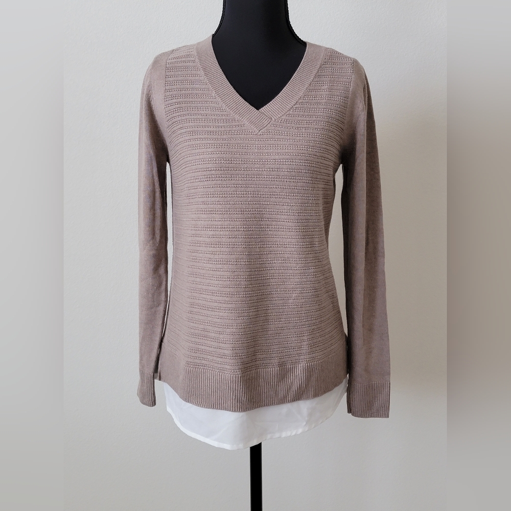 Hilary Radley Taupe V-Neck Layered-Hem Sweater